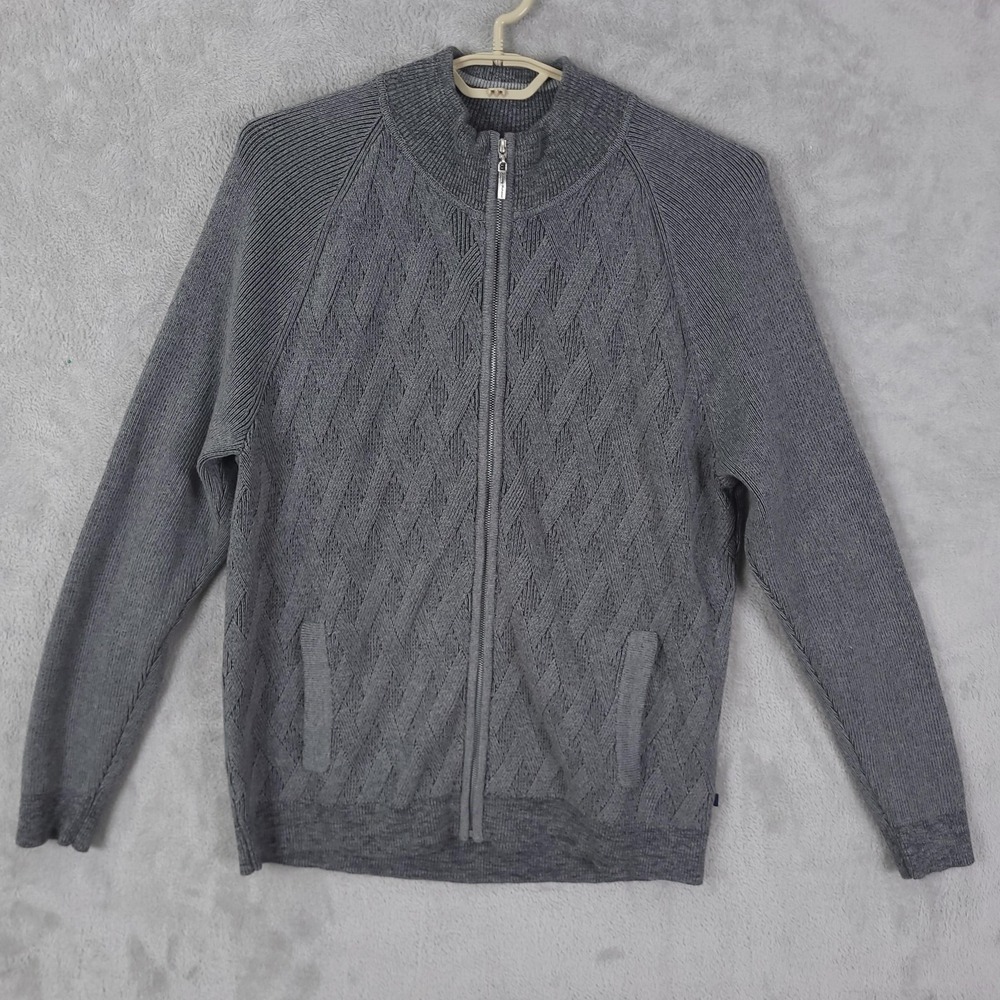 Tommy Bahama Sweater Mens XL Gray Full Zip Cotton Mock Neck Cable Knit Raglan